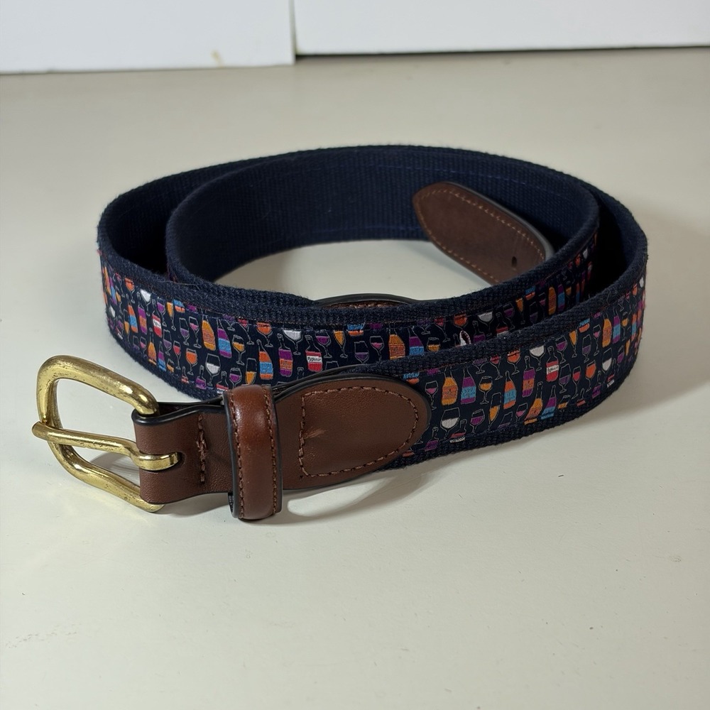 BARRONS HUNTER Ribbon Belt Mens 46" Navy Cocktail Wine Canvas Leather Brass